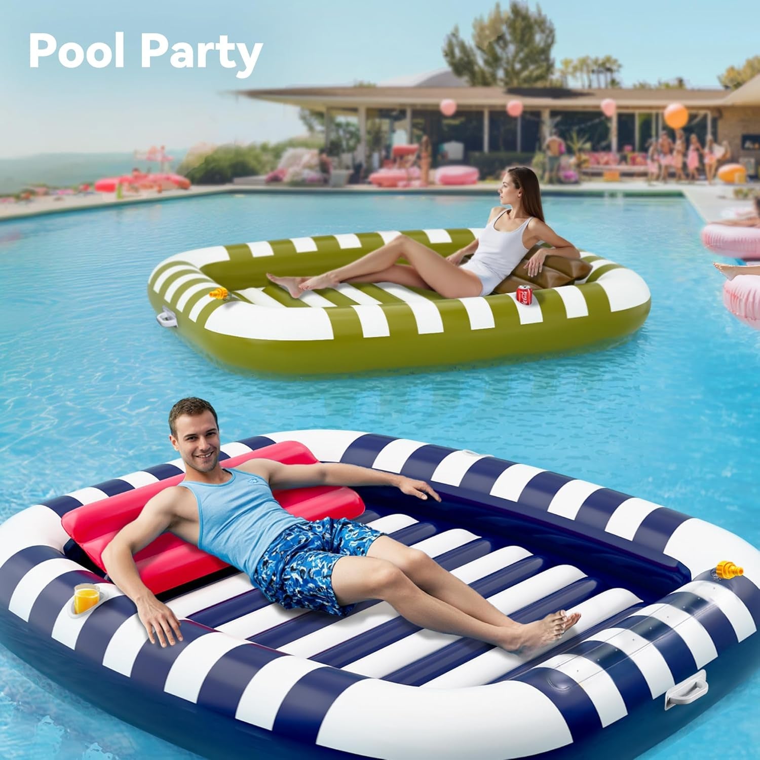 Pool Wave Inflatable Pool Lounger Floats, 80" X 66" Large Tanning Bed for Adult Kids, Outdoor Sun Bathing Floating Blow up Raft W/Pillow, Spray Water Mat, Summer Beach Lake Family Party Gift - Blue