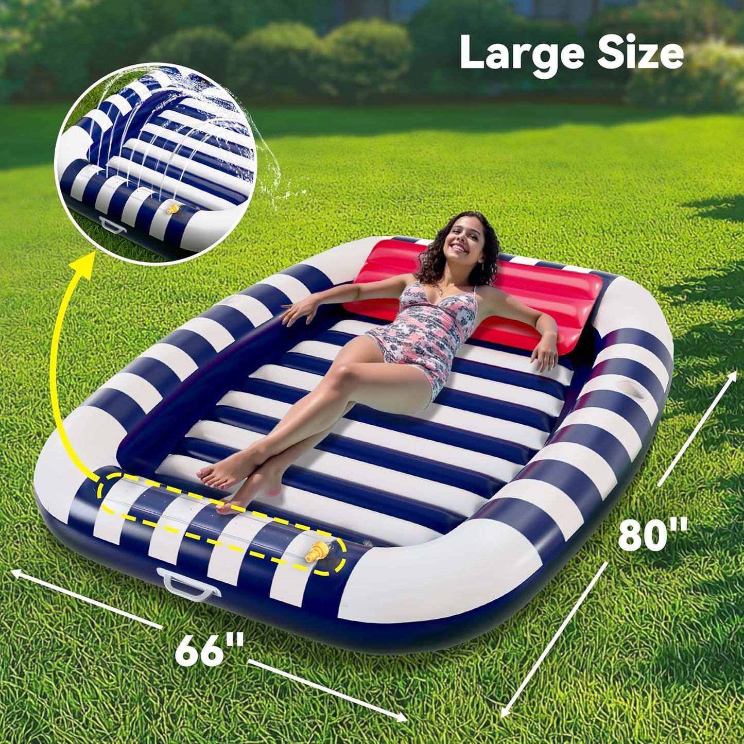 Pool Wave Inflatable Pool Lounger Floats, 80" X 66" Large Tanning Bed for Adult Kids, Outdoor Sun Bathing Floating Blow up Raft W/Pillow, Spray Water Mat, Summer Beach Lake Family Party Gift - Blue