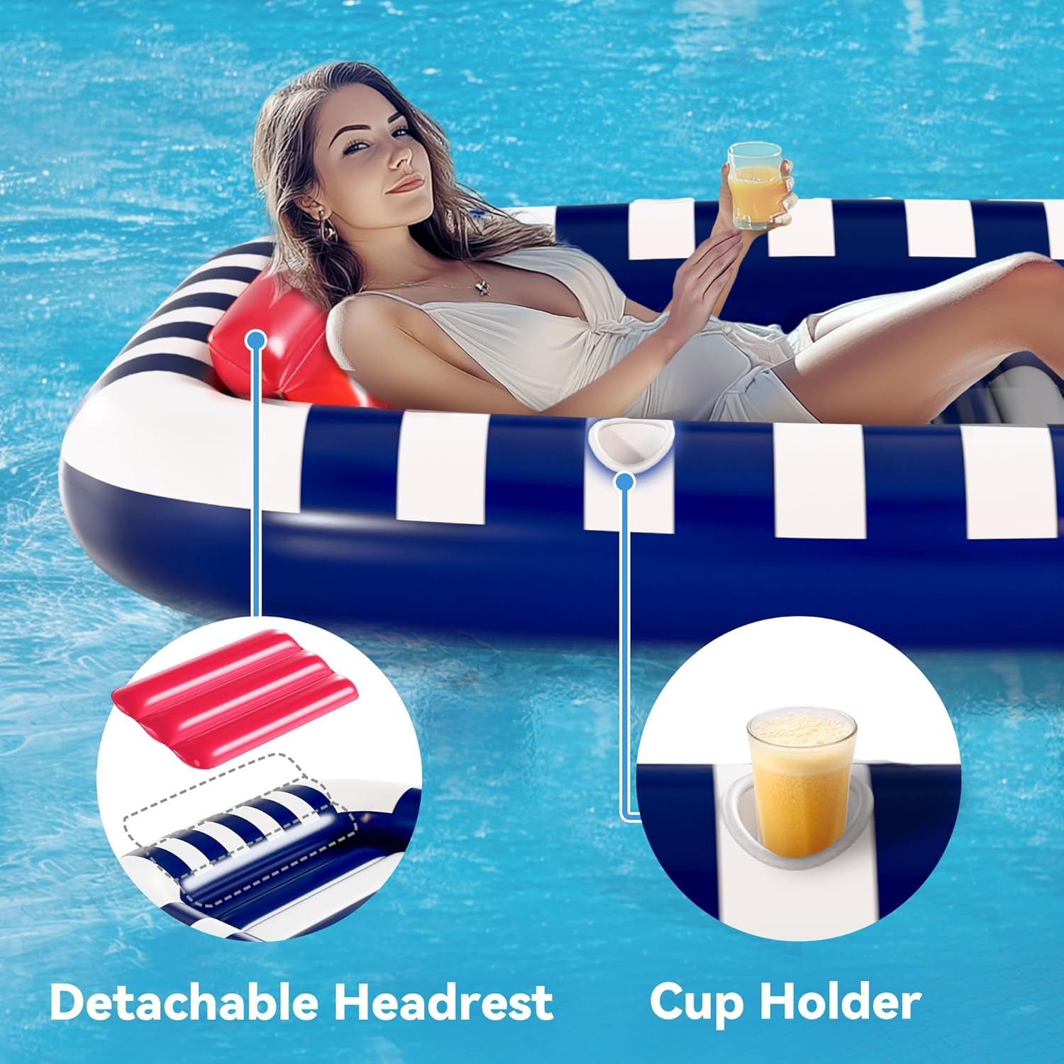 Pool Wave Inflatable Pool Lounger Floats, 80" X 66" Large Tanning Bed for Adult Kids, Outdoor Sun Bathing Floating Blow up Raft W/Pillow, Spray Water Mat, Summer Beach Lake Family Party Gift - Blue